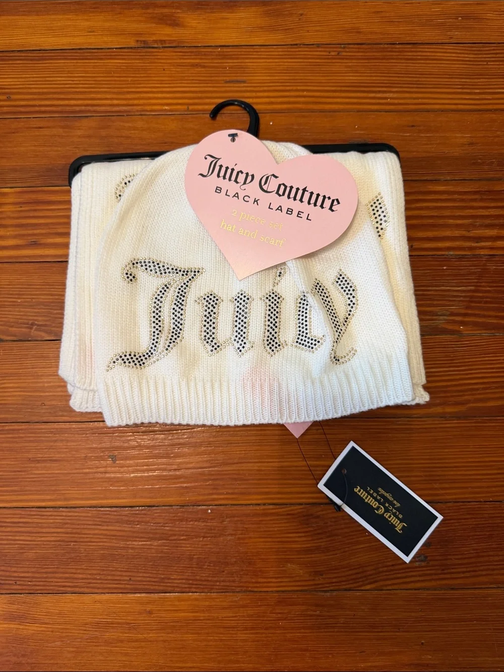 Juicy Couture Cream Knit Hat & Scarf Set with Rhinestone Logo